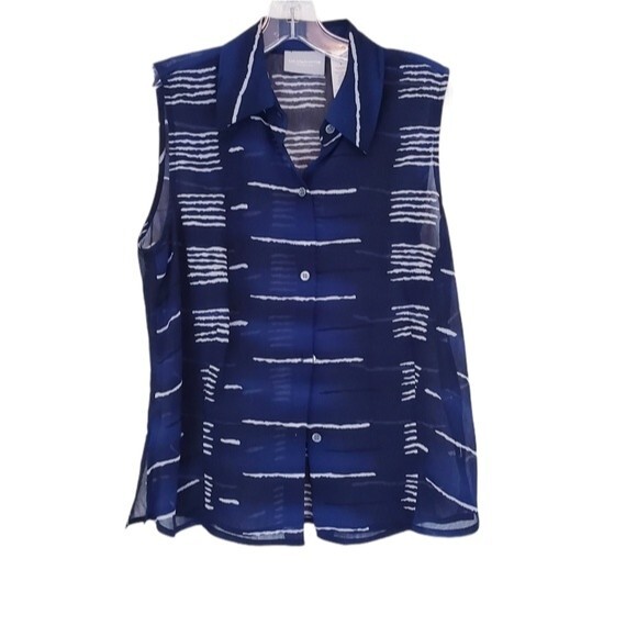 Liz Claiborne Navy Blue White Sleeveless Blouse Sheer Collared Button Down 8 M - Picture 6 of 6